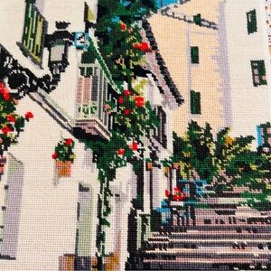 Vintage Hand‑Stitched Tapestry – Mediterranean Street Scene
15” x 19”.